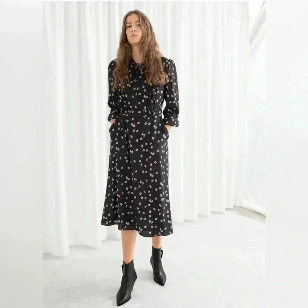 & Other Stories Floral V Cut Midi Dress Cottagecore Prairie Ditsy Floral